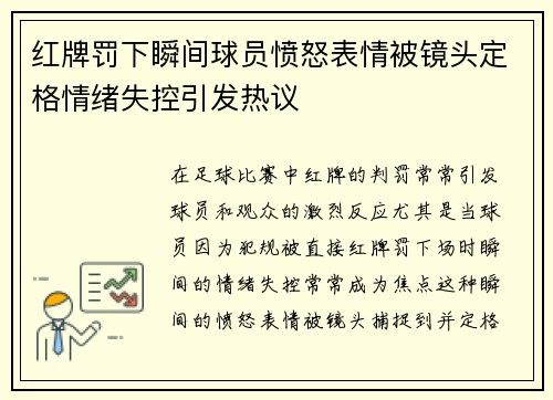 红牌罚下瞬间球员愤怒表情被镜头定格情绪失控引发热议