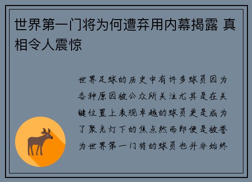世界第一门将为何遭弃用内幕揭露 真相令人震惊 世界第一门将为何遭弃用内幕揭露 真相令人震惊