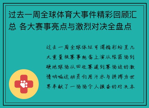 过去一周全球体育大事件精彩回顾汇总 各大赛事亮点与激烈对决全盘点